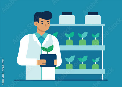 A researcher examines a small plant in a pot with other plants growing on shelves in a modern laboratory.