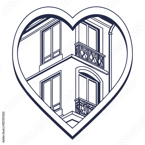 A heart shaped drawing of a building's balconies