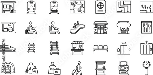 Public Transportation and Transit Line Icon Set with Train, Metro, Station, Platform, Ticketing, Escalator, and Passenger Navigation Symbols