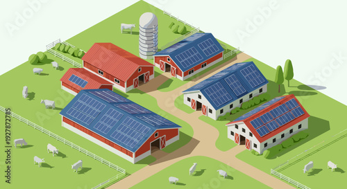 3D Rendering of Farm with Solar Panels.