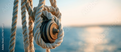 The Rope and Pulley on a Sailboat at Sunset Over Calm Ocean