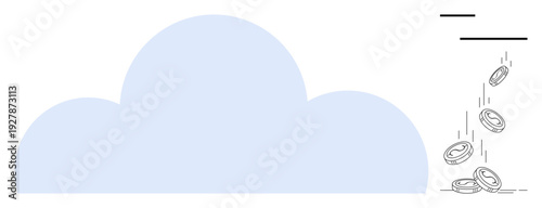 Cloud computing, fintech services, economy management, data storage, digital transformation, online banking. A cloud and coins falling from it. Cloud computing and fintech services concept