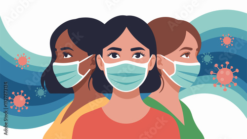 Diverse Women Wearing Medical Masks during Coronavirus Pandemic, Vector Illustration