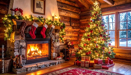 Cozy cabin interior with Christmas tree and fireplace (2)
