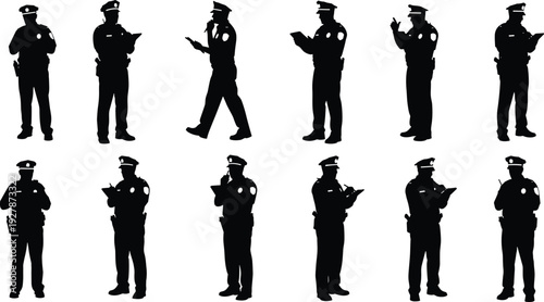 Black silhouettes of police officers set, vector collection of law enforcement officials in uniform, patrolmen standing, isolated on white background.