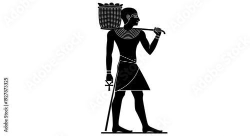 Egyptian Man Walking with Basket and Staff.