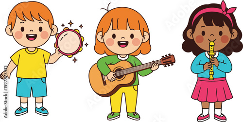 Cute cartoon children playing musical instruments set, vector illustration of diverse kids with guitar, flute, and tambourine isolated on white.