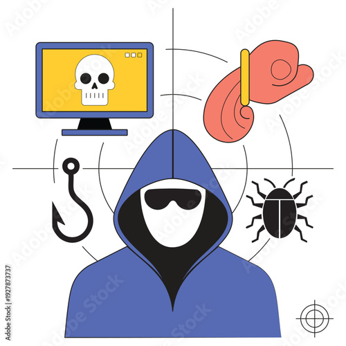 Hooded figure in sunglasses is the target with computer virus malware phishing hook and a fist.