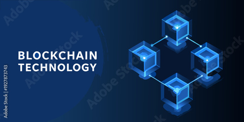 Blockchain technology concept with interconnected glowing cubes and text