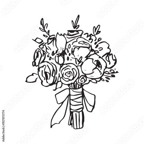 Hand drawn wedding bouquet sketch, bridal flowers with roses, peonies, tulips and ribbon bow, lush floral arrangement line art, black ink isolated on white