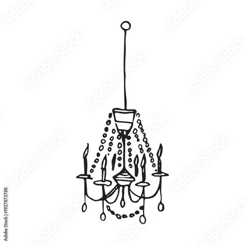 Hand drawn crystal chandelier sketch, vintage baroque candle chandelier with crystal beads and six arms, luxury interior line art, black ink isolated on white