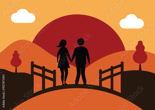 Silhouetted man and woman hold hands walking on a bridge with mountains and a large sun in the background.