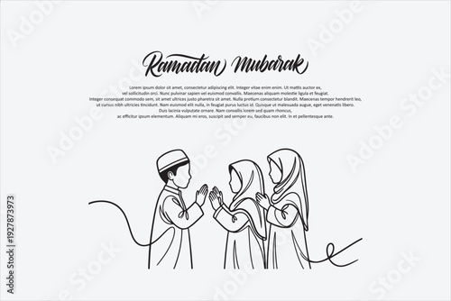 Ramadan Mubarak greeting card with Muslim children greeting each other, minimalist continuous line art illustration on light background, Islamic celebration concept. Vector illustration.