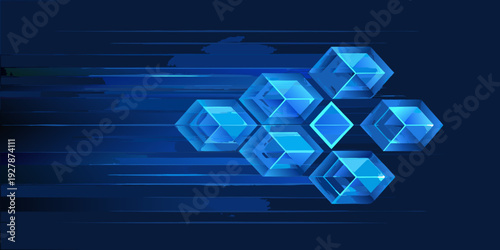 Abstract geometric design featuring glowing blue crystalline shapes on dark background