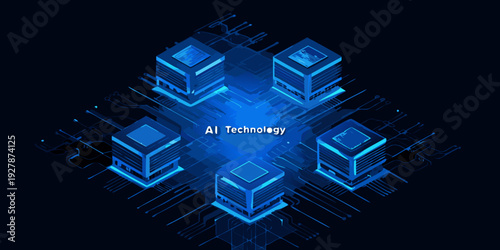 Isometric blue digital structures represent artificial intelligence and data connections