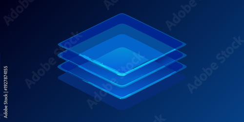 Layered blue squares forming a diamond shape on a dark background