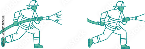 Vector illustration of a brave firefighter in protective uniform and helmet holding a high-pressure water hose nozzle to extinguish flames, professional emergency fire rescue concept.