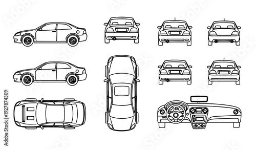 Car icons set with side front rear top bottom and interior views editable stroke linear vector collection isolated on white