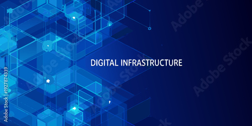 Abstract blue geometric background with glowing lines and digital infrastructure text