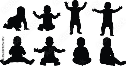 Baby silhouette collection in crawling, sitting and standing poses isolated on white background, black vector illustration set for child development concepts