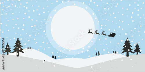 Santa claus and reindeer silhouetted against a winter moonlit landscape
