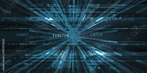 Abstract digital explosion with code fragments and a futuristic aesthetic