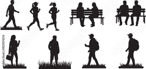 Diverse Silhouette Collection: People Walking, Running, Sitting on Bench, and Hiking Outdoors in Grass.
