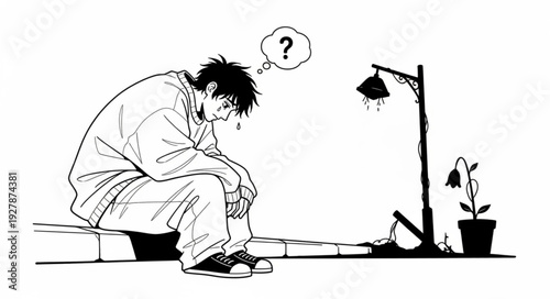 A contemplative individual sits, lost in thought, pondering a question mark above their head.