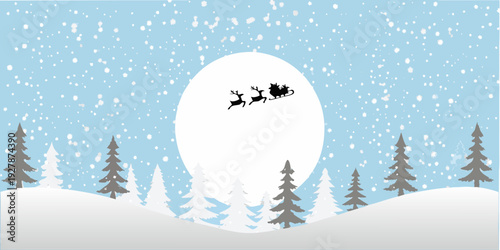 Santa claus flies across a bright moonlit winter landscape