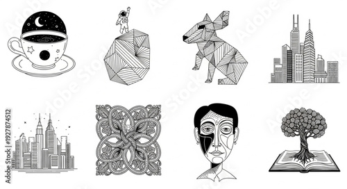 Collection of artistic illustrations showcasing diverse subjects in intricate black and white designs.