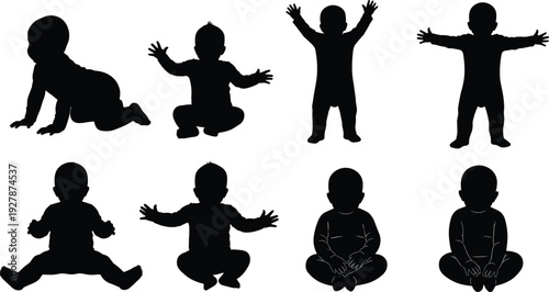 Collection of baby silhouettes in different poses isolated on white background, black vector illustration set of infant sitting, crawling and standing positions