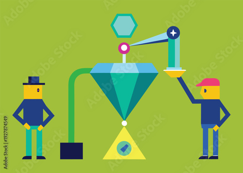 Two professionals operate a complex machine with a robotic arm, precisely placing components on a large, faceted gem.