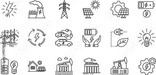 Renewable Energy and Power Generation Icon Set Featuring Solar Wind Electric Vehicles Batteries and Sustainable Technology Symbols for Green Energy Projects