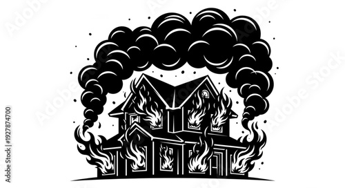 Burning house engulfed in flames and thick black smoke, a tragic scene.
