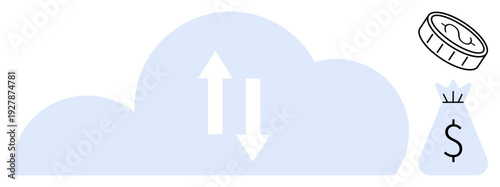 Cloud icon with up and down arrows, a coin, and a money bag with dollar sign representing data exchange, cloud computing, and digital finance. Ideal for fintech, cloud services, e-commerce, SaaS AI
