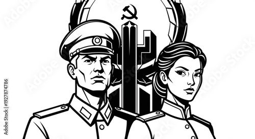 Soviet military officers in uniform, a man and a woman, looking serious and determined.