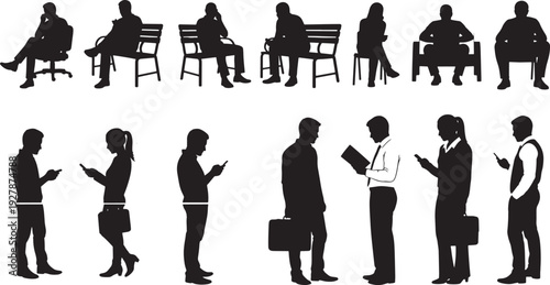Diverse People Silhouettes: Sitting, Standing, Mobile Phone Use, Business Activities - Vector Collection.