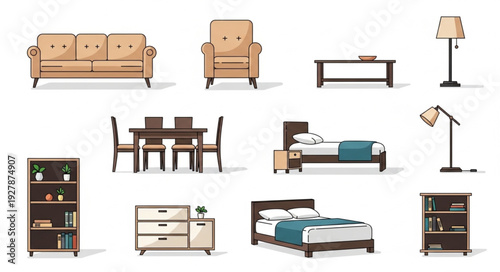 Collection of various furniture items for home interior decoration and design.