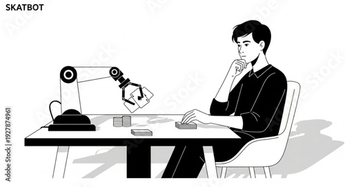 Man thoughtfully considers a robotic arm on a desk, contemplating technologys impact.