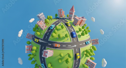 Cartoon globe with roads, cars, buildings, and trees representing global transportation and environment.