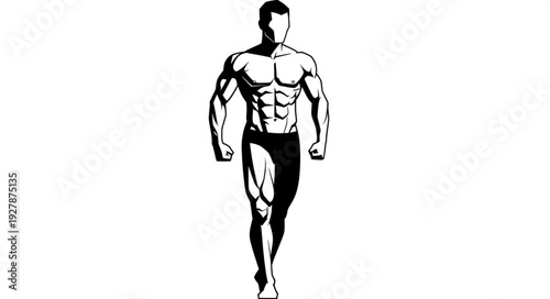 Muscular man walking forward, showcasing defined physique and strength in silhouette.