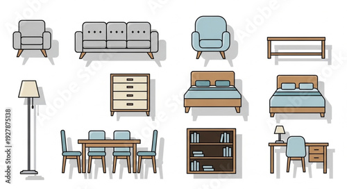 Collection of various furniture pieces for home interior design and decoration.