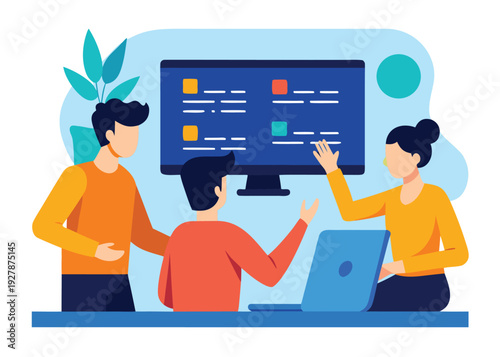 Three software developers collaborate around a desk, working with a laptop and interacting with a large digital screen.