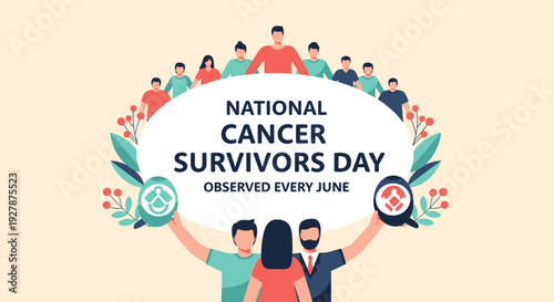 National Cancer Survivors Day Banner: Group of People Celebrating Resilience, Community Support, and Cancer Awareness Observed Every June.