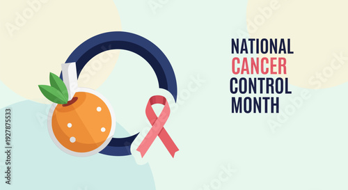 National Cancer Control Month Awareness Banner: Pink Ribbon, Healthy Diet Symbol, and Preventative Healthcare Campaign Illustration