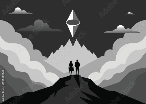 Two silhouetted hikers stand on a mountain overlooking a valley and a mysterious glowing geometric symbol in the sky.