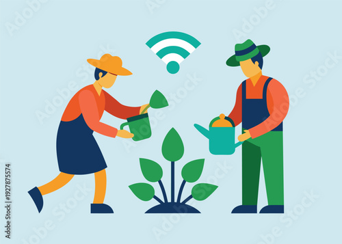 Two stylized farmers use watering cans to nourish a plant, with a WiFi signal symbol floating above them.