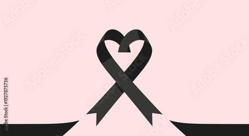 Black Awareness Ribbon Forming a Heart Shape. Vector Symbol of Grief, Mourning, Remembrance, and Solidarity on Pink Background.