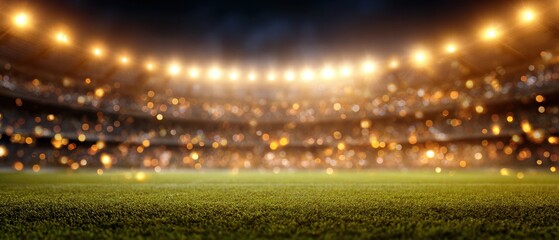 The stadium illuminated under night sky with empty pitch and glowing lights