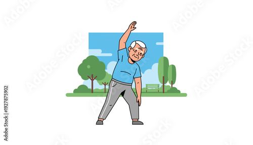 Senior man stretching in park on sunny day with trees